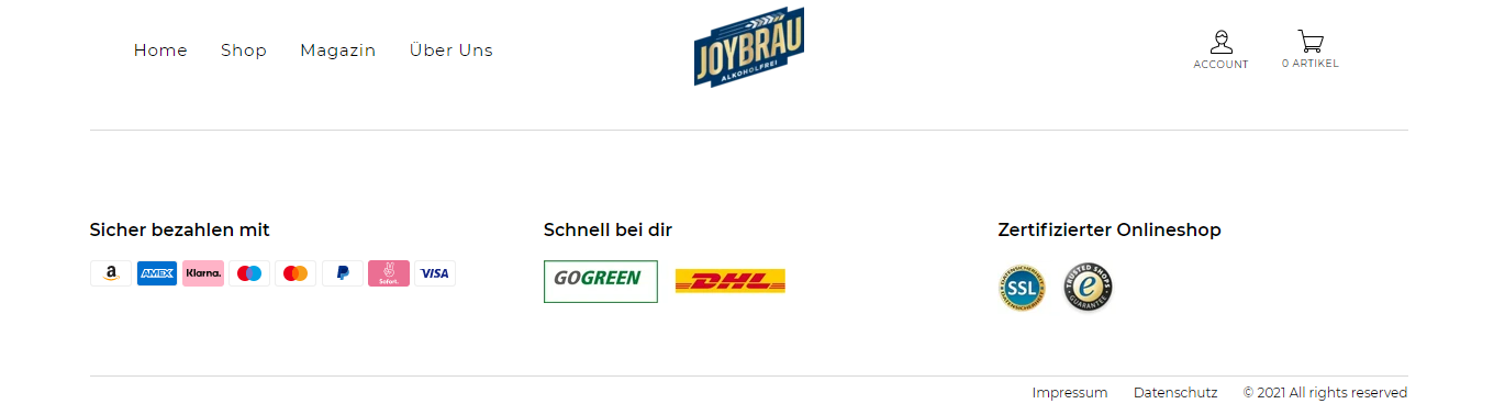 JoyBräu zeigt seine nachhaltige Versandart im Footer | Latori
